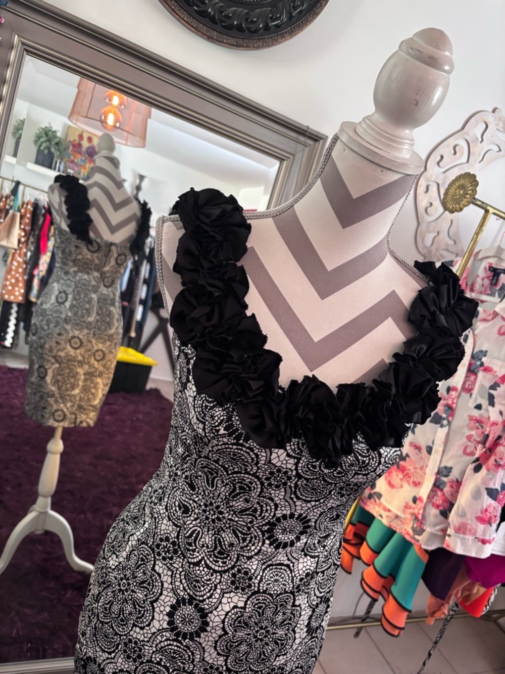 Maggy London Black and White Mini Dress with Floral Appliqué